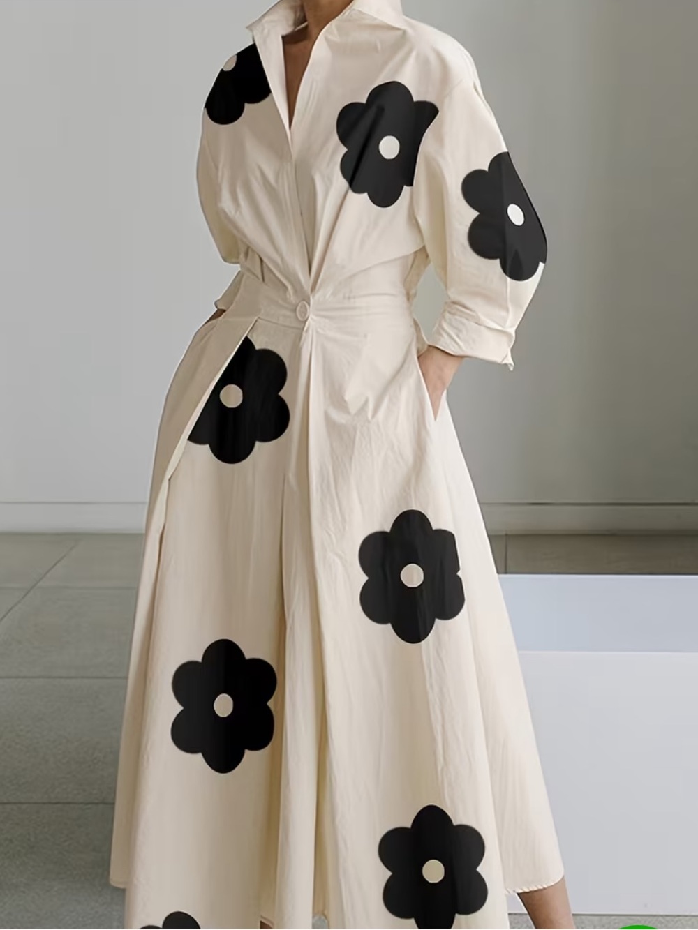 Long Sleeves Loose Contrast Color Floral Printed Pleated Tied Waist Lapel Midi